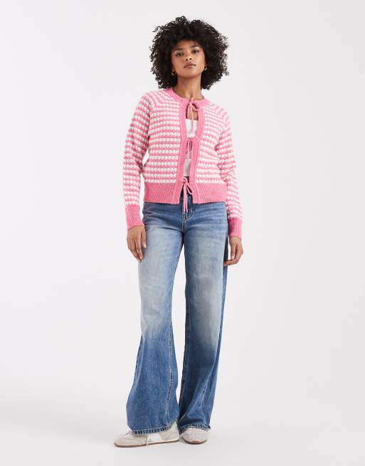 Threadbare – Rosa- och vitrandig, stickad kofta med knytning framtill, 4 av 4