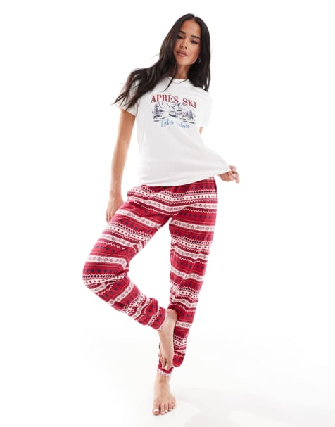 Threadbare – Rött pyjamasset med t-shirt och byxor med skidtryck - view 1