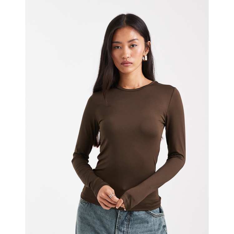 Threadbare round neck long sleeve jersey top in chocolate brown | ASOS