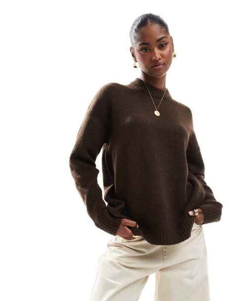 Threadbare round neck oversized jumper in brown - view 1