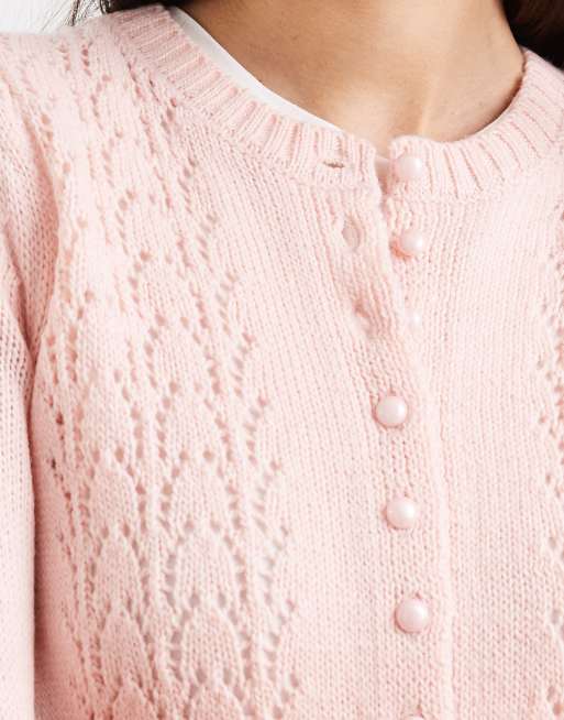 Threadbare – Różowy kardigan z okrągłym dekoltem z dzianiny o splocie pointelle, 2 z 4