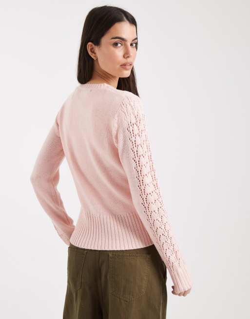 Threadbare – Różowy kardigan z okrągłym dekoltem z dzianiny o splocie pointelle, 4 z 4