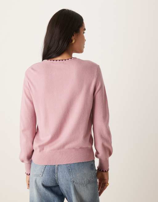Threadbare – Różowy sweter z okrągłym dekoltem i kontrastowym obszyciem, 4 z 4