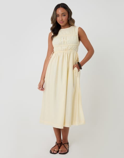 Threadbare Ruched drawstring midi dress in yellow