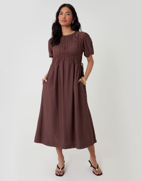 Threadbare Ruched drawstring puff sleeve midi dress in chocolate - view 1