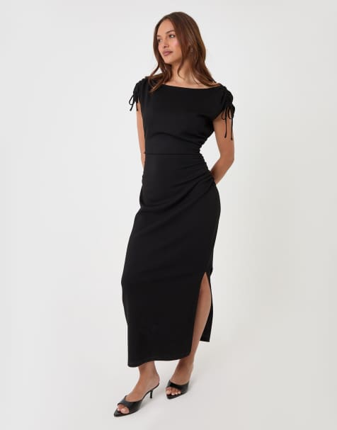Threadbare Ruched shoulder tie midi dress in black - view 1