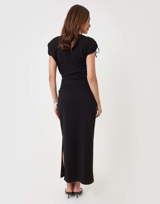 Threadbare Ruched shoulder tie midi dress in black, 2 of 4