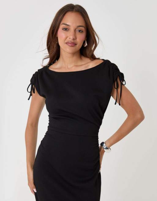 Threadbare Ruched shoulder tie midi dress in black, 3 of 4