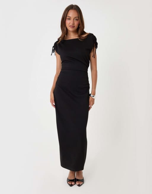 Threadbare Ruched shoulder tie midi dress in black, 4 of 4