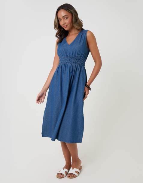 Threadbare Ruched waist denim midi dress in mid blue - view 1