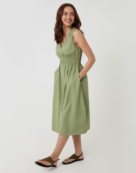 Threadbare Ruched waist denim midi dress in pale green