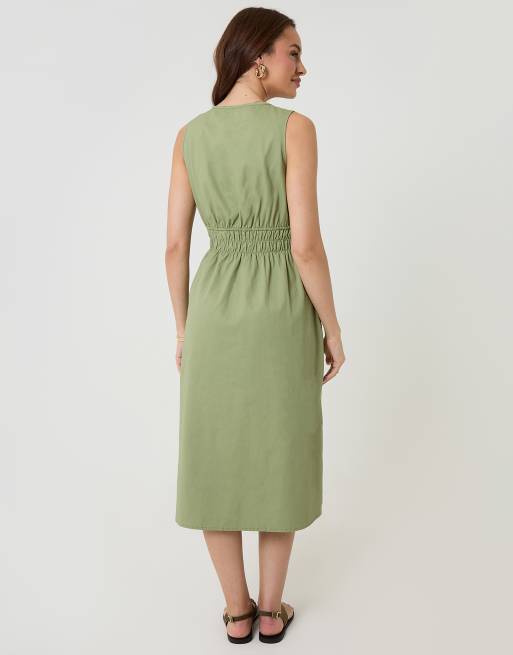 Threadbare Ruched waist denim midi dress in pale green, 2 of 4