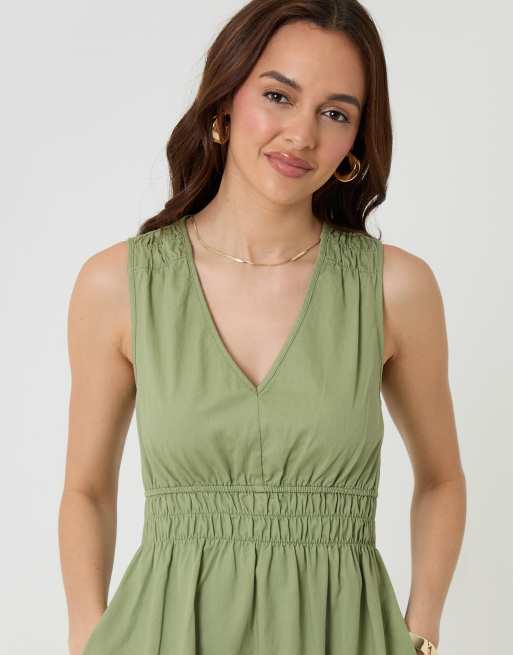 Threadbare Ruched waist denim midi dress in pale green, 3 of 4