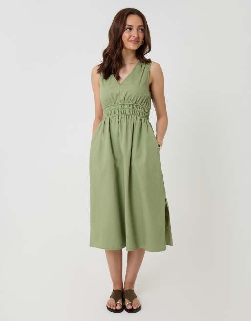 Threadbare Ruched waist denim midi dress in pale green, 4 of 4