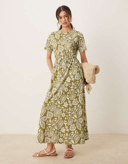 Threadbare Ruched waist jersey midi dress in khaki