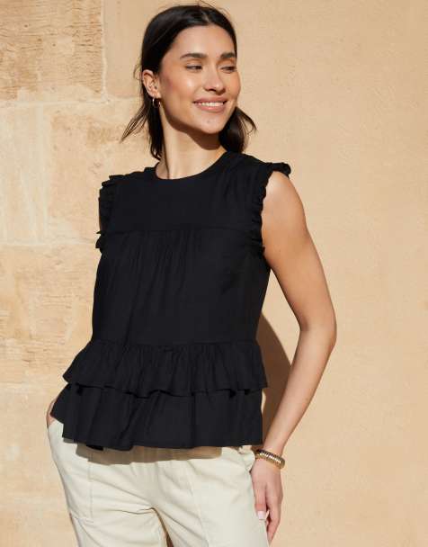 Threadbare Ruffle frill smock shell top in black - view 1