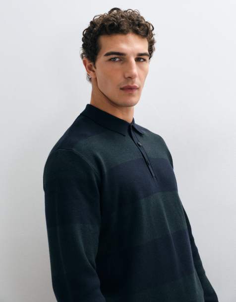 Threadbare rugby knitted stripe polo in navy and green - view 1