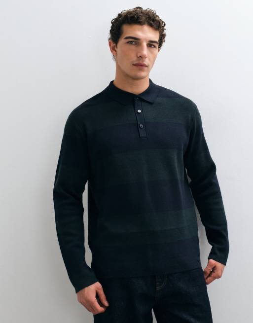Threadbare rugby knitted stripe polo in navy and green, 3 of 5
