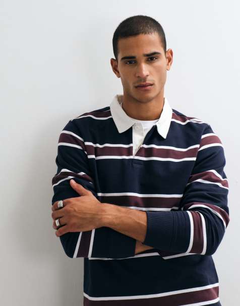 Threadbare rugby polo in navy and burgundy stripe - view 1
