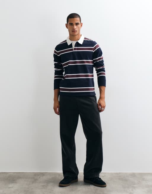 Threadbare rugby polo neck in navy and burgundy stripe , 2 of 5