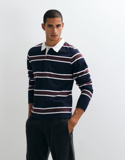 Threadbare rugby polo neck in navy and burgundy stripe , 3 of 5