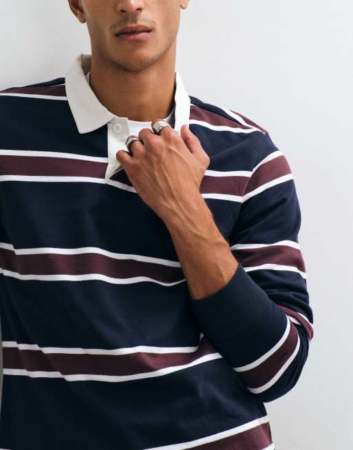 Threadbare rugby polo neck in navy and burgundy stripe , 4 of 5
