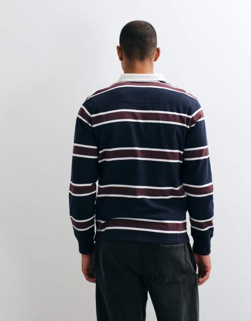 Threadbare rugby polo neck in navy and burgundy stripe , 5 of 5