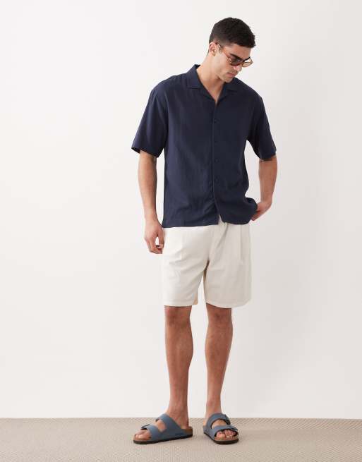 Threadbare - Ruimvallend overhemd van linnenmix met korte mouwen in marineblauw, 2 van 5