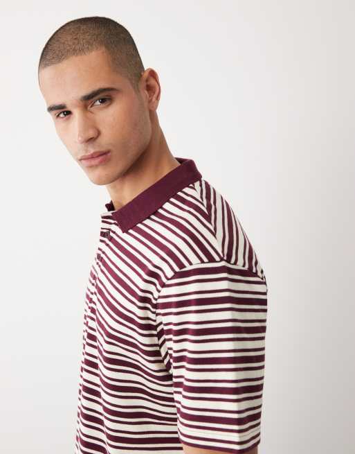 Threadbare - Ruimvallende gebreide polotop met korte mouwen in pruim en ecru gestreept, 4 van 5