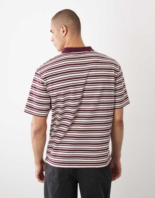 Threadbare - Ruimvallende gebreide polotop met korte mouwen in pruim en ecru gestreept, 5 van 5