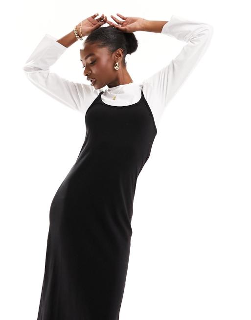 Threadbare Sabrina 2 in 1 long sleeve top and cami midi dress in black ASOS