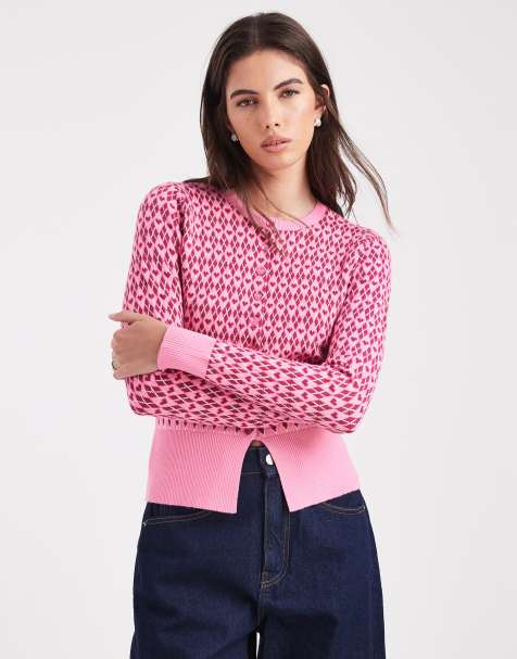 Threadbare - San Valentino - Cardigan girocollo rosa con stampa di cuori e rombi - view 1