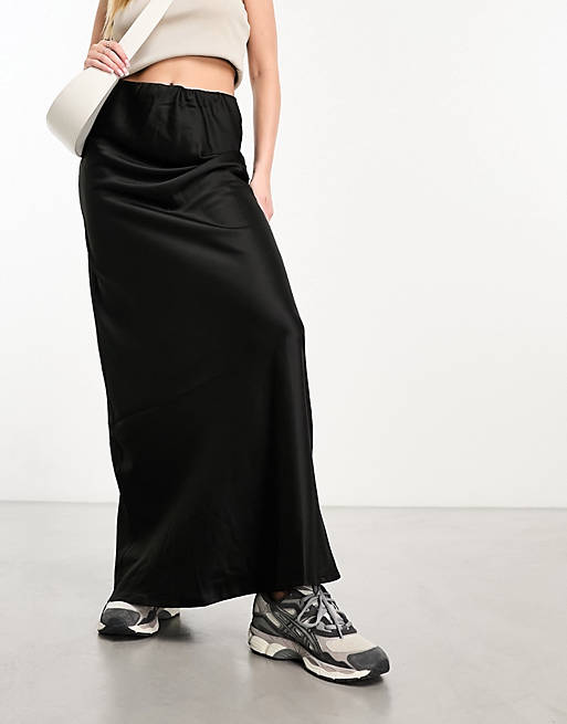 Threadbare satin maxi skirt in black | ASOS