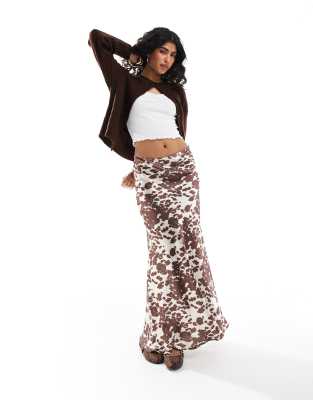 satin maxi skirt in brown cow print