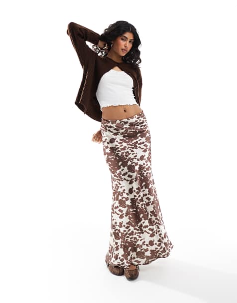 Threadbare satin maxi skirt in brown cow print - view 1