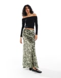 [Threadbare] Threadbare satin maxi skirt in khaki digital print-Green 10 GREEN