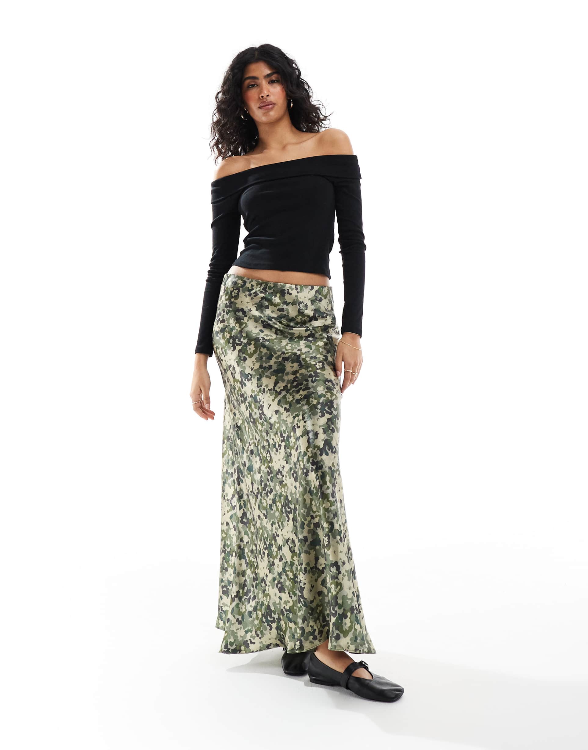 threadbare satin maxi skirt in olive digital print