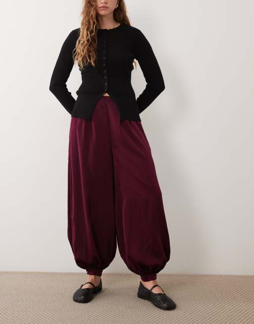 Threadbare satin pull on balloon trousers in plum, 2 of 5