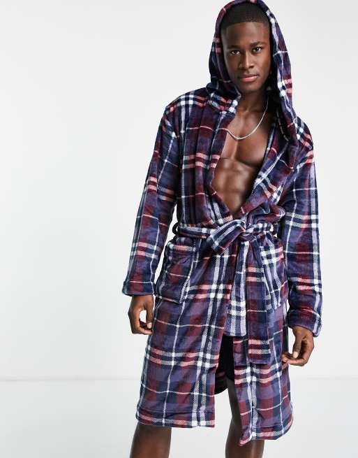 Threadbare - Saturn - Robe de chambre à capuche avec motif à carreaux - Bordeaux et bleu marine