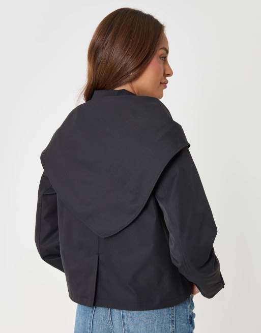 Threadbare Scarf detail cropped trench coat in black in black, 3 of 6
