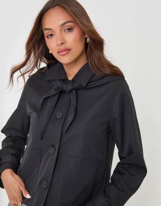 Threadbare Scarf detail cropped trench coat in black in black, 5 of 6