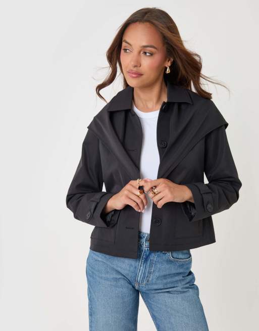 Threadbare Scarf detail cropped trench coat in black in black, 6 of 6