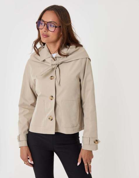 Threadbare Scarf detail cropped trench coat in stone in stone - view 1