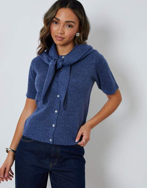 Threadbare Scarf neck short sleeve cardigan (2-piece set) in blue