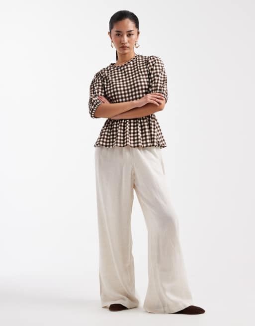 Threadbare – Schößchenoberteil aus Jersey mit Puffärmeln und braunem Vichy-Karomuster, 2 von 4