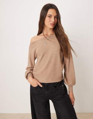 Threadbare - Schulterfreies Sweatshirt in Biscuit mit lockerem Schnitt-Neutral