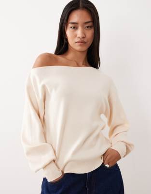 Threadbare - Schulterfreies Sweatshirt in Creme mit lockerem Schnitt-Weiß