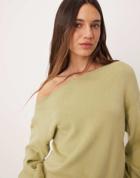 Threadbare – Schulterfreies Sweatshirt in Salbeigrün mit lockerem Schnitt - view 1