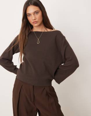 Threadbare - Schulterfreies Sweatshirt in Schokobraun mit lockerem Schnitt-Brown