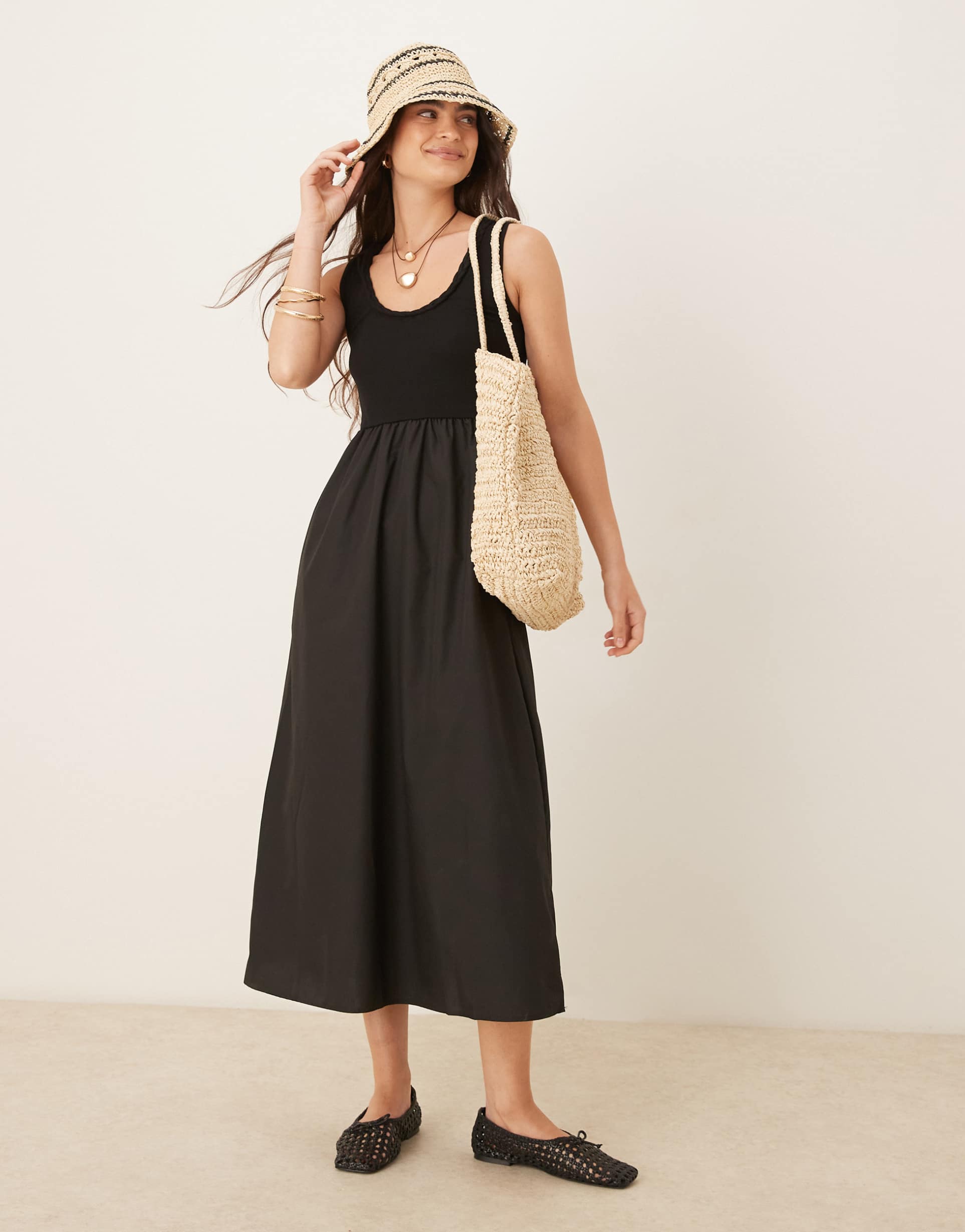 threadbare scoop neck maxi dress with poplin skirt in black